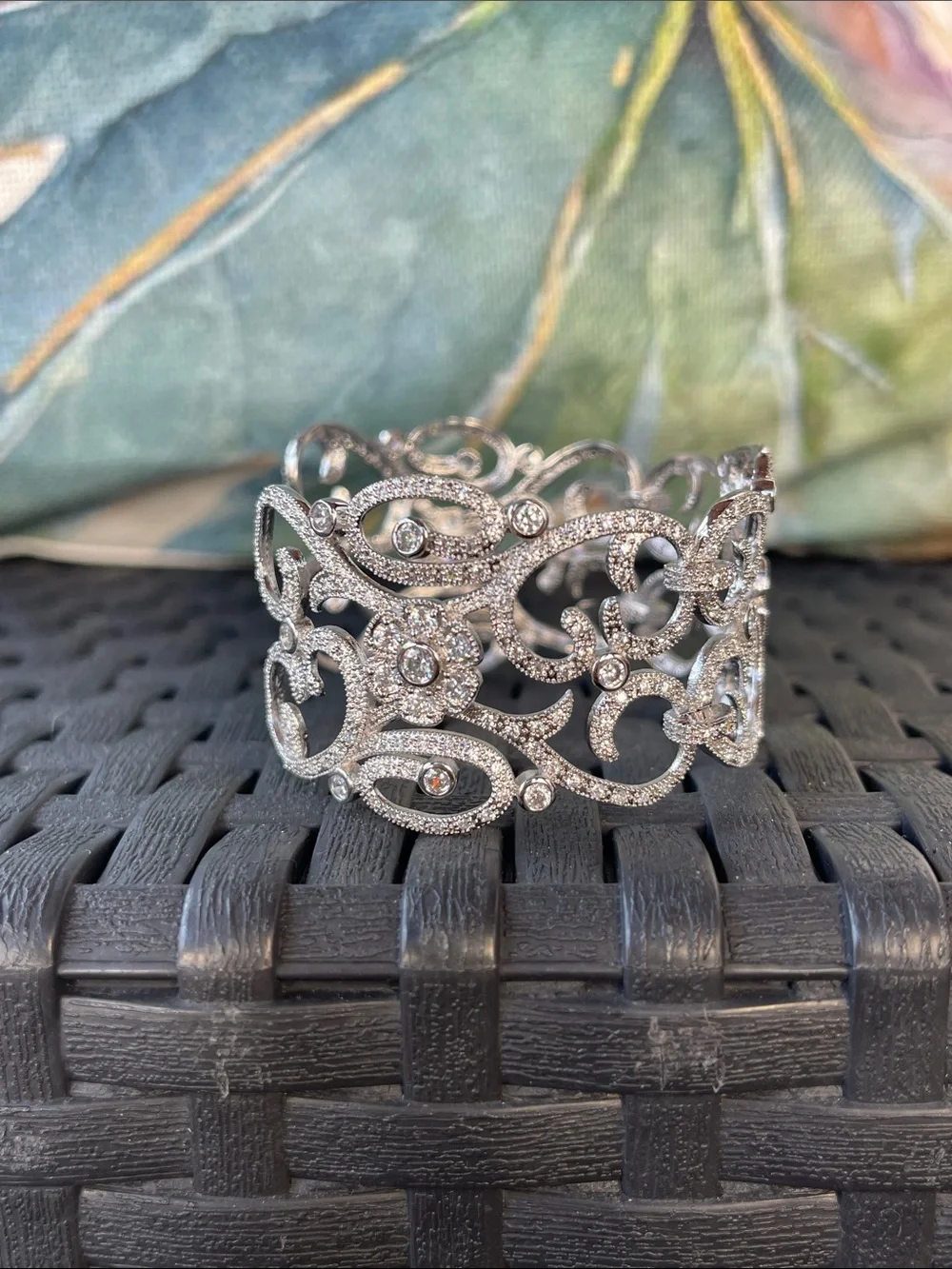 Cubic Zirconia - Silver Scroll Cuff Bracelet